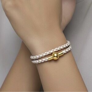 Linx Double White Leather Braided Cord Bracelet with a Gold Magnetic Clasp